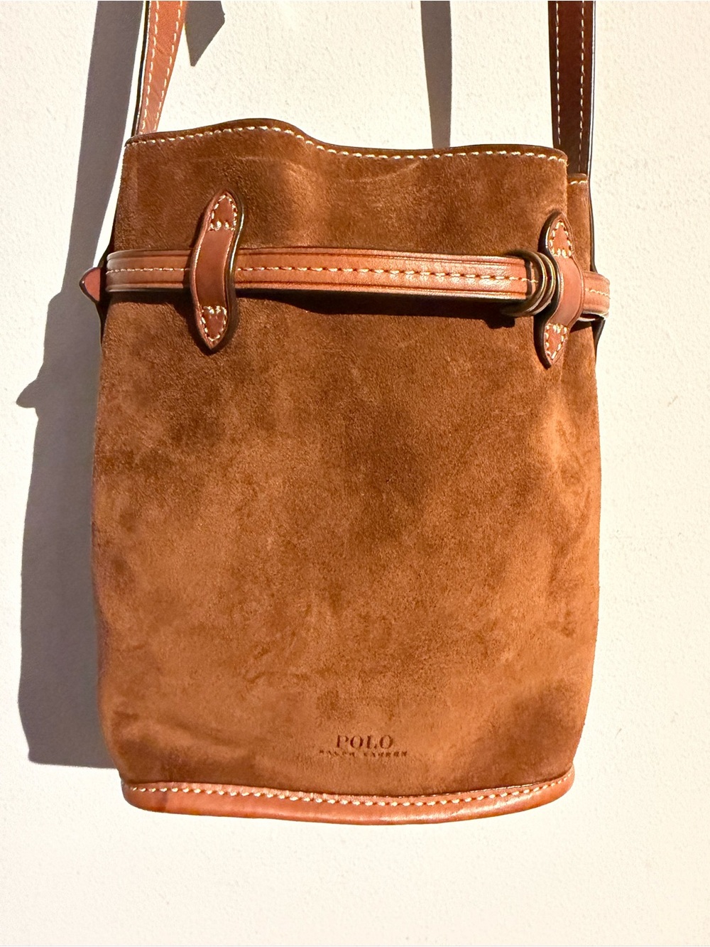 POLO Ralph Lauren Brown Suede Crossbody Bucket Bag - Picture 2 of 8